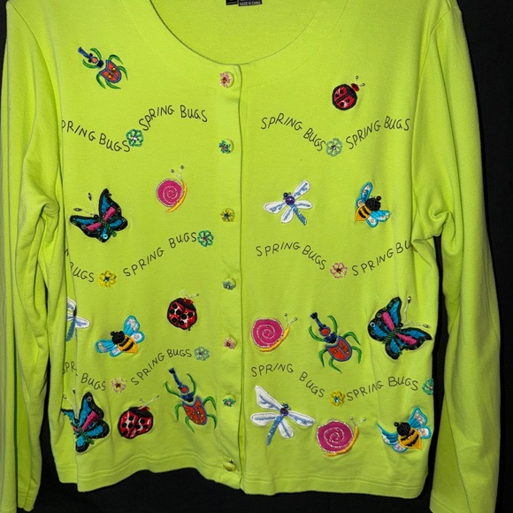berek Sweaters - Berek by Takako Sakon “Spring Bugs” Novelty Cardigan Lime Green